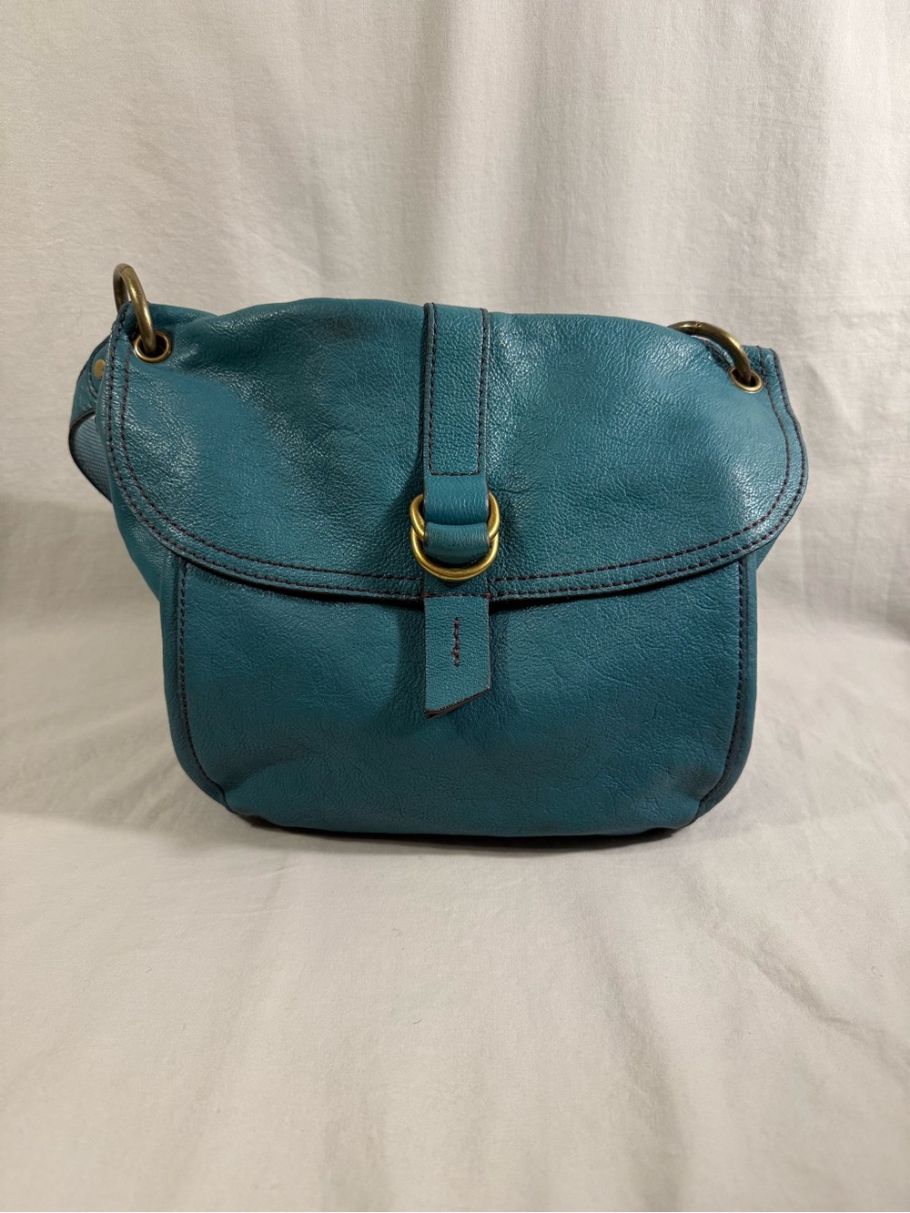 Vintage fossil Teal Leather Flap Crossbody with Gold Rings